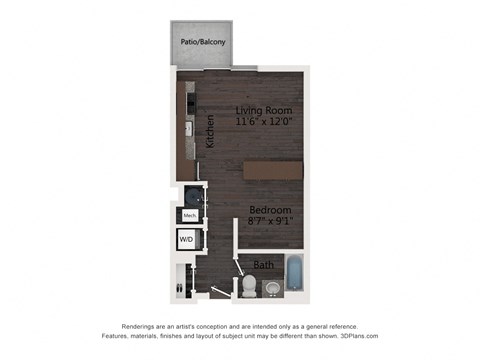 Floor plan for studio, 1 bath, 531 sqft